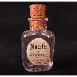 Vintage Mucilin Clear Empty Medicine Glass Bottle w/ Cork England Thomas Aspinal